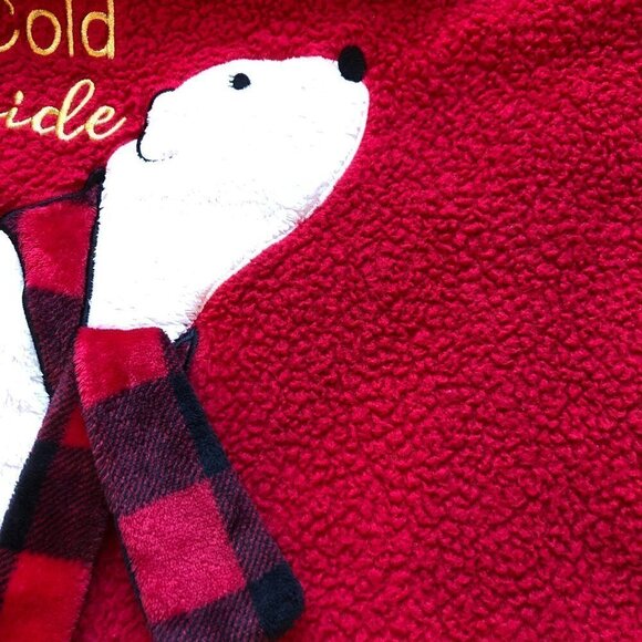 Red Fleece Sleep Top has Faux Fur Polar Bear Wearing Red Plaid Scarf Small - Picture 4 of 6